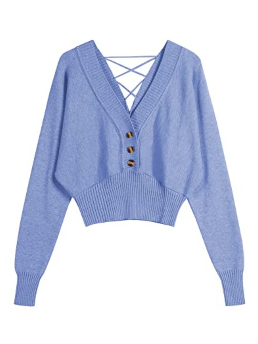 Women's V Neck Button Knit Crop Sweater Batwing Sleeve V Back Ribbed Hem